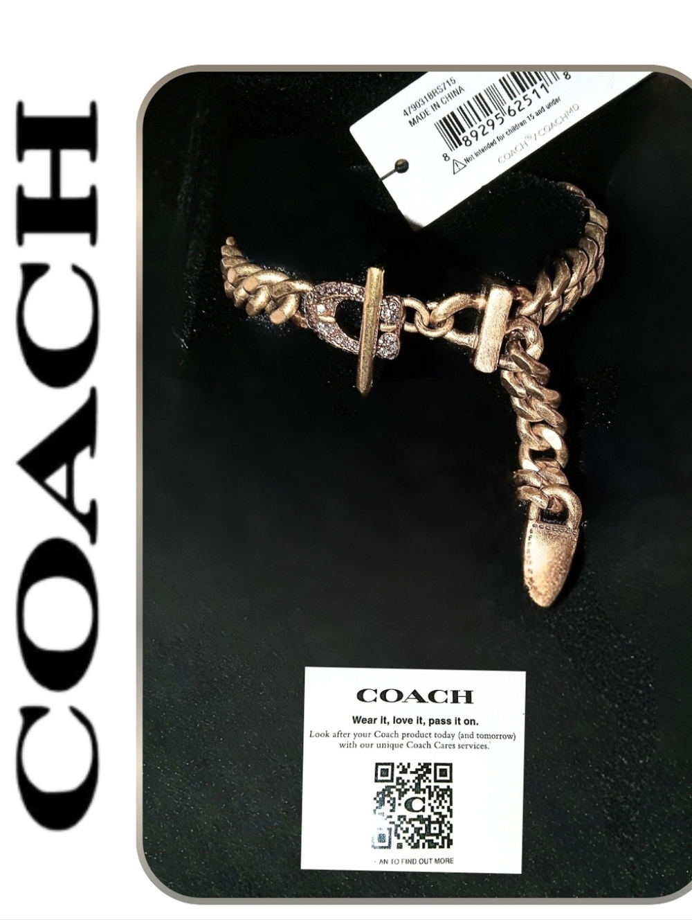 Coach Rhinestone Heavy Gold Chain Bracelet with Toggle Closure Original Tags New